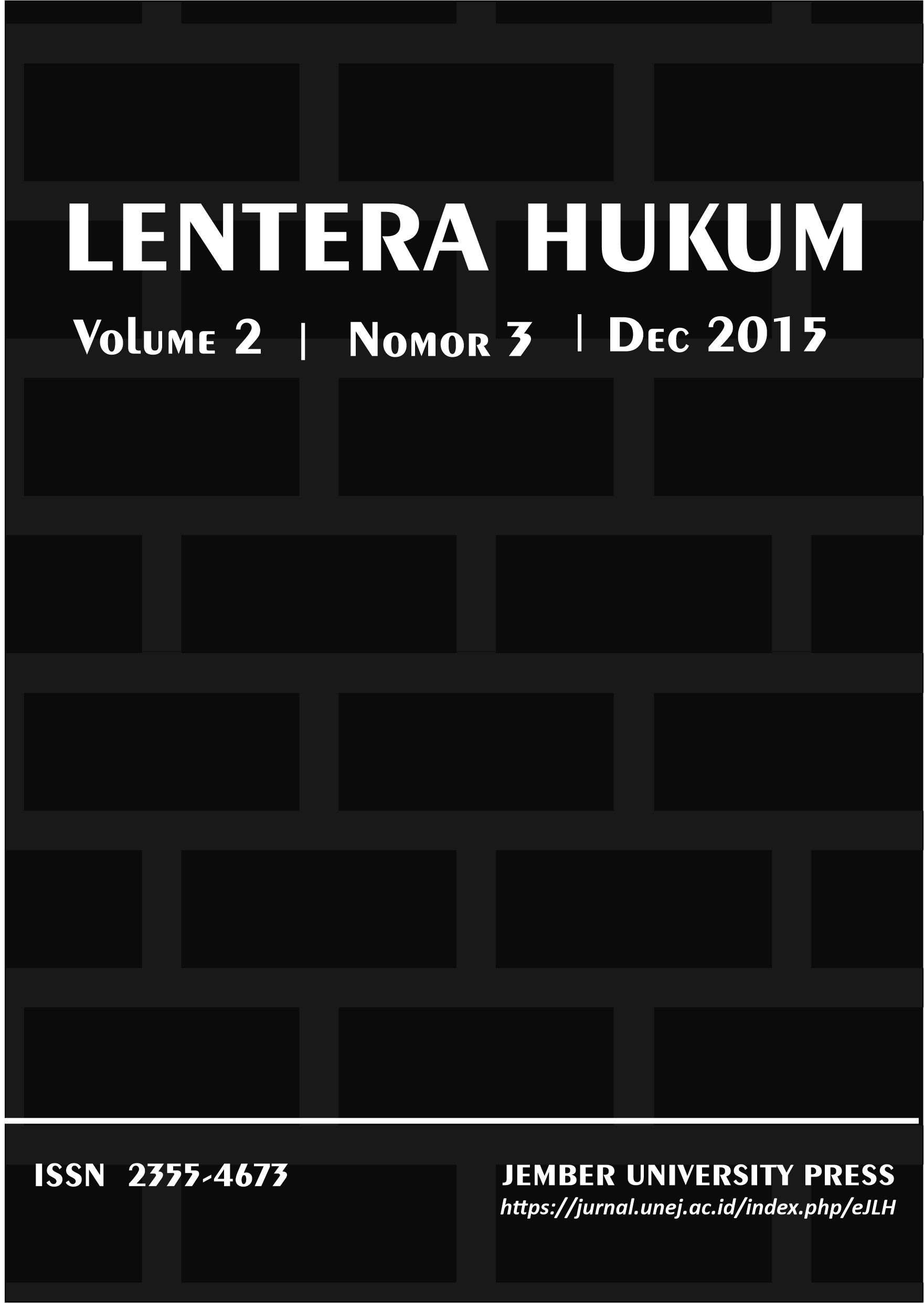					View Vol. 2 No. 3 (2015): LENTERA HUKUM
				